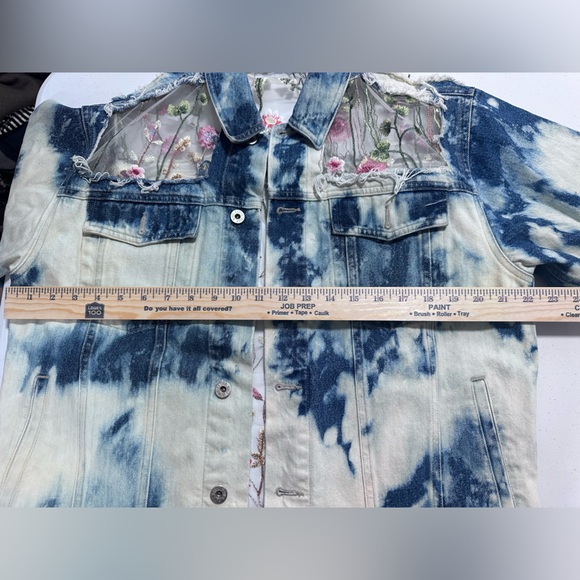 Y2K Canyon River Blues Embroidered Sheer-Panel Tie-Dye Denim Jacket oversized - Picture 9 of 16